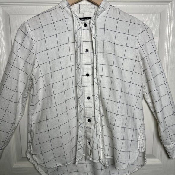 Madewell Flannel Tie Neck Shirt Windowpane XXS Relaxed Fit White Black Button Up - Picture 8 of 12